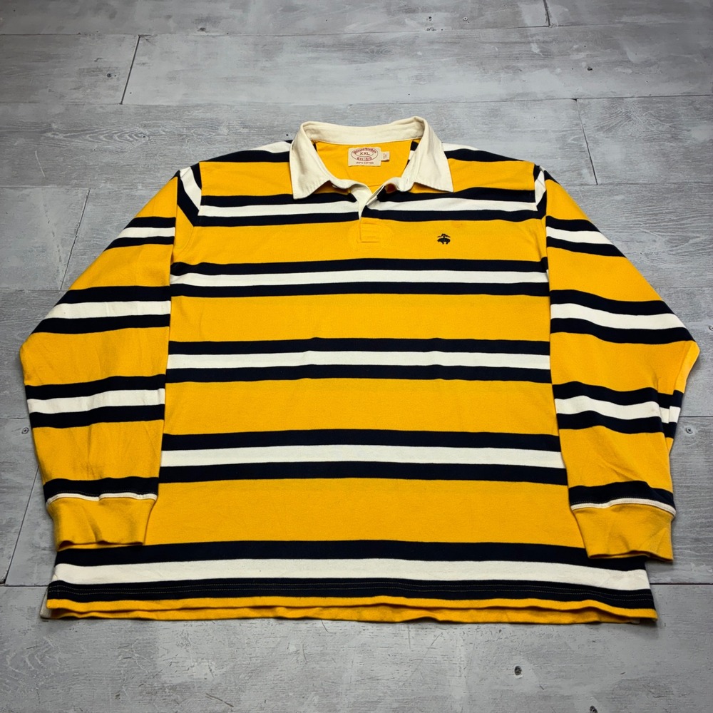 Brooks Brothers Rugby Shirt Mens XXL Yellow Navy Stripe Long Sleeve Cotton Polo